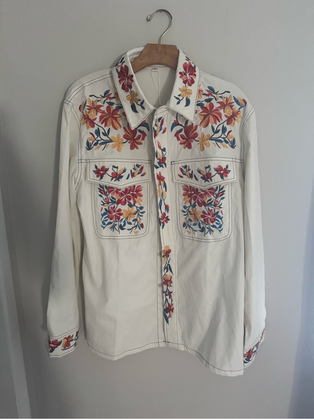 MANLY western wear Embroidered Floral Ivory Button-Up Shirt